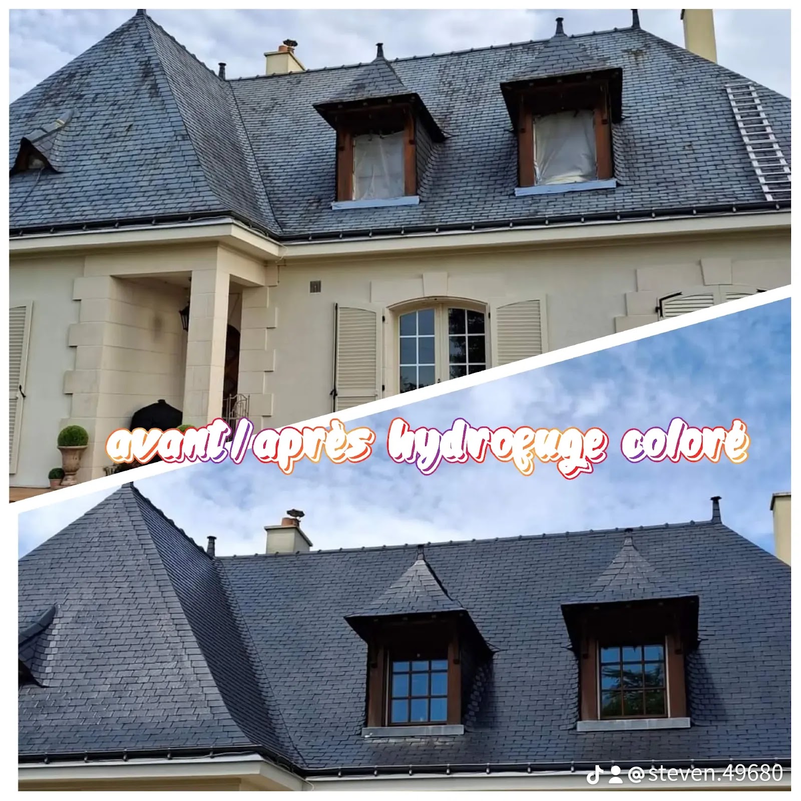 Toiture avant et après application d’un hydrofuge coloré